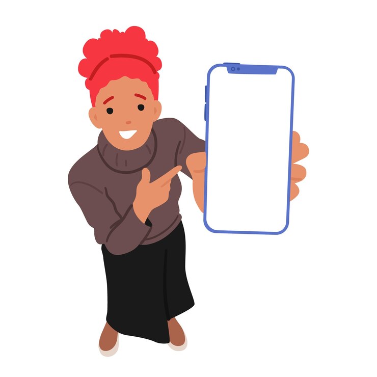 Vetor vista de cima de uma mulher apontando para a tela de um smartphone com os olhos cheios de curiosidade e empolgação ilustração vetorial