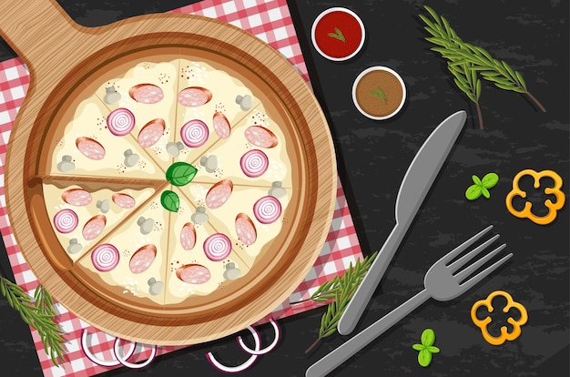 Vista de cima de uma pizza inteira com cobertura de cebola e cogumelos no fundo da mesa