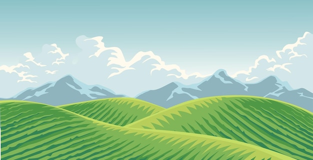 vista de colinas agrícolas com fundo de montanha e céu claro