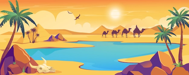 Vista de oásis no fundo do deserto bandeira em design de desenho animado Silhueta escura de caravana de camelos espaço de areia seca com dunas e colinas lago de água azul com palmeiras e pedras Ilustração de desenhos animados vetorial