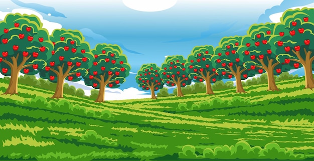 vista de pomar crescendo na grama em um céu claro