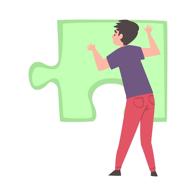 Vista de trás de jovem resolvendo quebra-cabeça Cara tentando conectar grande elemento de quebra- cabeça verde Ilustração vetorial de estilo de desenho animado