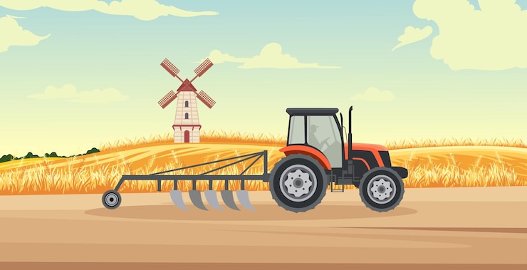 Vetor vista do campo de trigo com harvester trator casa de moinho e belo céu vetor agrícola