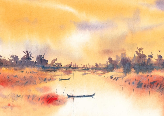 Vetor vista do rio em aquarela com barco ao entardecer