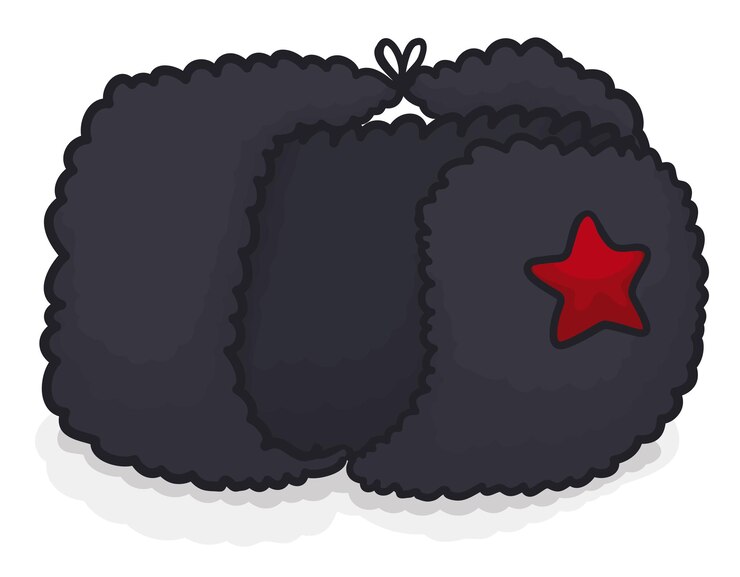 Vetor vista do tradicional chapéu ushanka com orelhas dobradas estrela vermelha e pele de cor preta