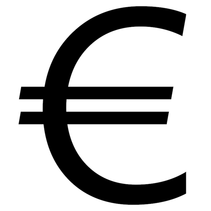 Vetor vista frontal da silhueta do sinal de moeda euro eur da união europeia isolada no fundo branco moeda pelo banco central europeu