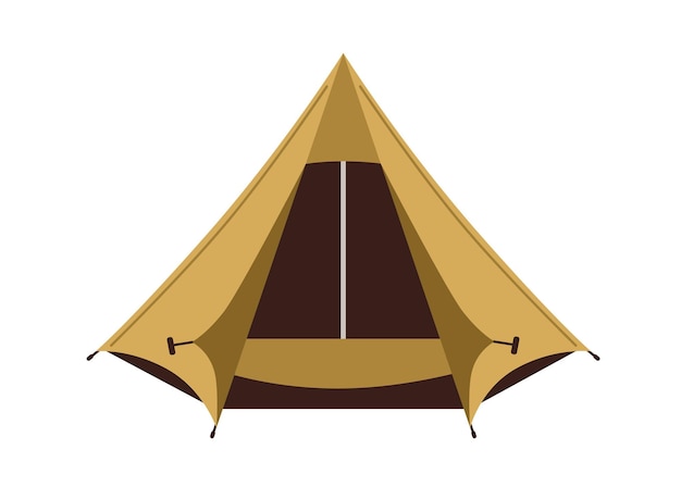 Vista frontal da tenda de pirâmide de lona isolada no fundo branco. Abrigo militar para recreação da natureza, camping e caminhadas. Equipamento turístico. Ilustração em vetor plana colorida.
