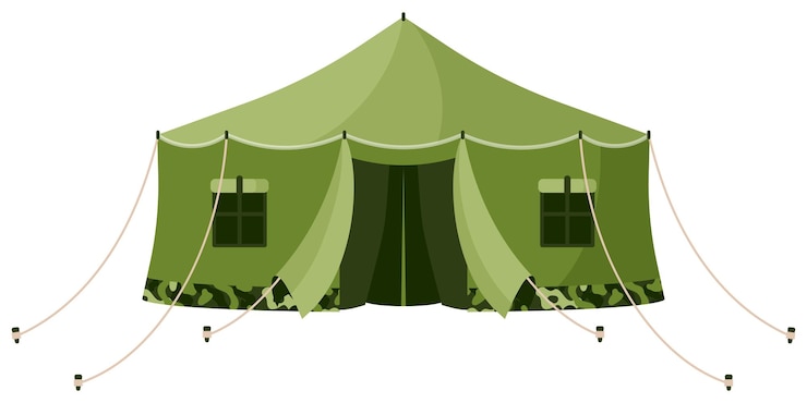 Vetor vista frontal da tenda militar de encerado de camuflagem cáqui verde. equipamento turístico para camping e turismo.