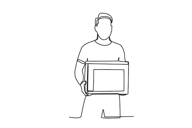 Vetor vista frontal de um homem carregando uma caixa de papelão desenho de uma linha do dia mundial da humanidade