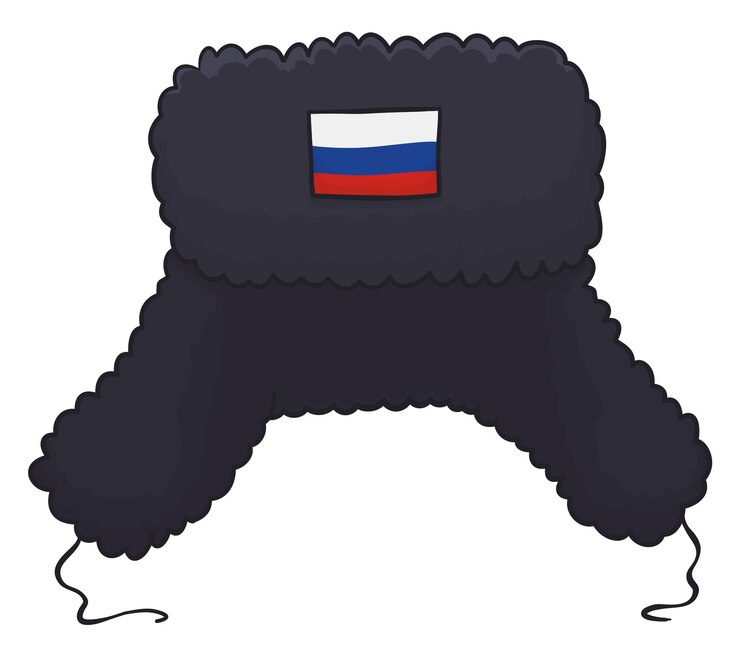 Vetor vista frontal de ushanka um chapéu de inverno com bandeira tricolor russa na testa em estilo de desenho animado