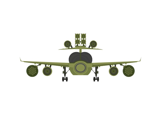Vetor vista frontal do avião militar lutador verde com lançadores de foguetes