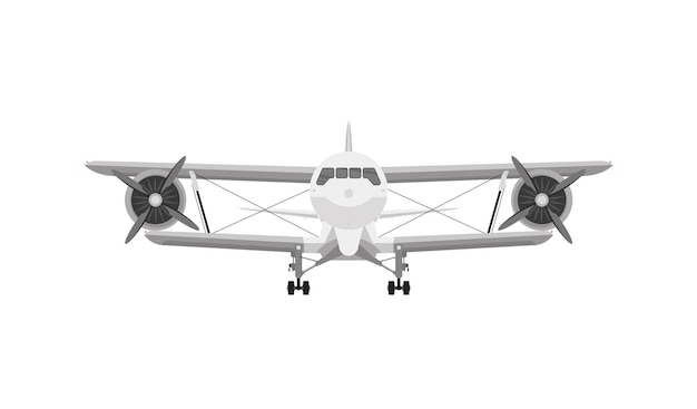 Vetor vista frontal do biplano de avião branco com motor de pistão e hélice isolado em um fundo branco
