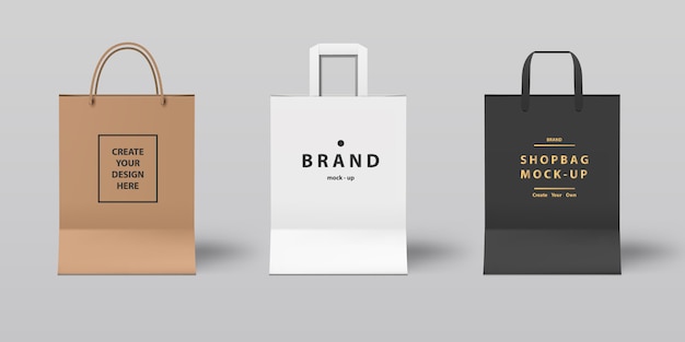 Vista frontal do mock-up realista saco de compras conjunto branco, preto e papel, para a marca.