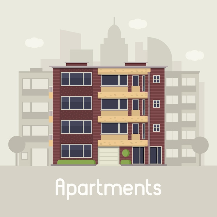 Vetor vista frontal do prédio de apartamentos no meio urbano. casa de vários andares na ilustração vetorial de paisagem de cidade. casa urbana de arquitetura bauhaus em design plano. agência imobiliária no conceito de cidade moderna.