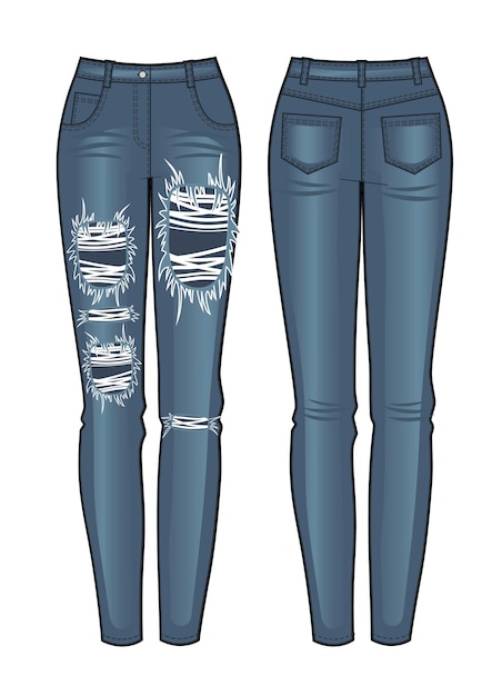 Vista frontal e traseira de jeans femininos. Ilustração vetorial.
