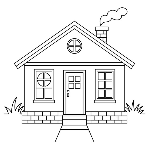 Vista frontal simples de um ícone de casa pequena com chaminé e janelas em estilo de arte de linha preta e branca