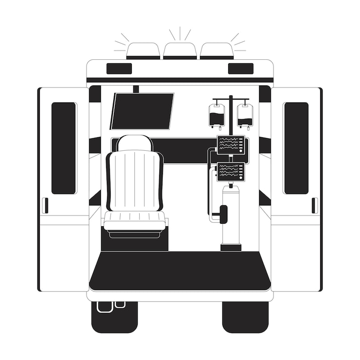 Vetor vista interna de uma ambulância com equipamento médico objeto de linha 2d