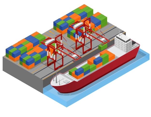 Vista isométrica da cidade portuária e do navio barcaça carregando o conceito de transporte de carga de contêineres de frete de cor. ilustração