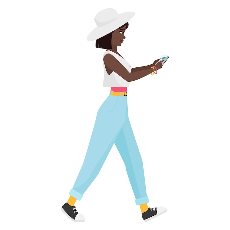 Vetor vista lateral de uma menina negra hipster caminhando com um smartphone