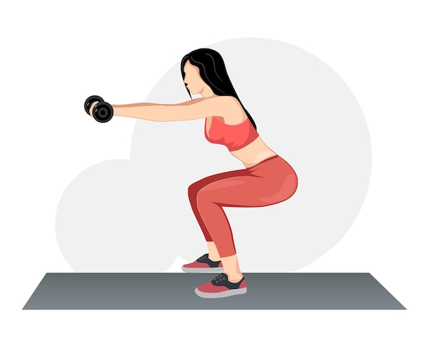 Vista lateral do exercício de agachamento de uma jovem mulher bonita em roupas esportivas fazendo exercícios de agachamento