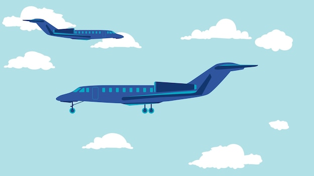 Vista lateral plana dos desenhos animados do avião a jato privado no céu