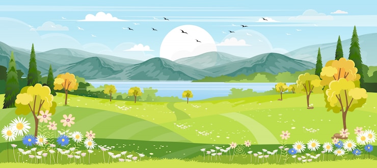 Vetor vista panorâmica da aldeia de primavera com prado verde em colinas com céu azul