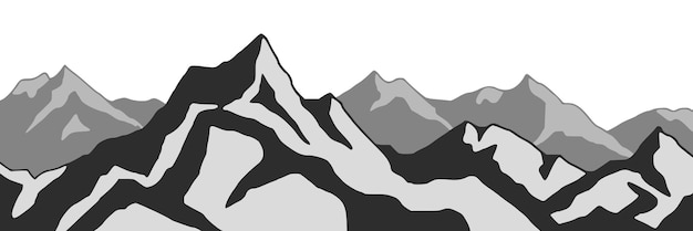 Vista panorâmica da cordilheira dos picos das montanhas cobertas de neve preto e branco