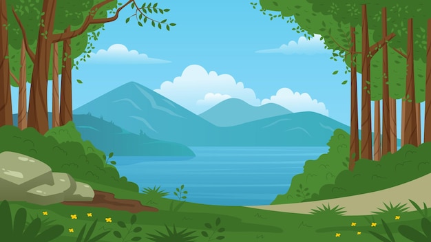 Vista panorâmica da floresta com lago e montanhas
