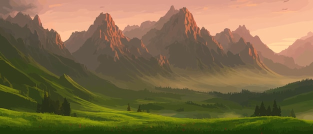 Vetor vista panorâmica de grandes montanhas belas prados verdes paisagem plana de desenho animado com a natureza verão ou