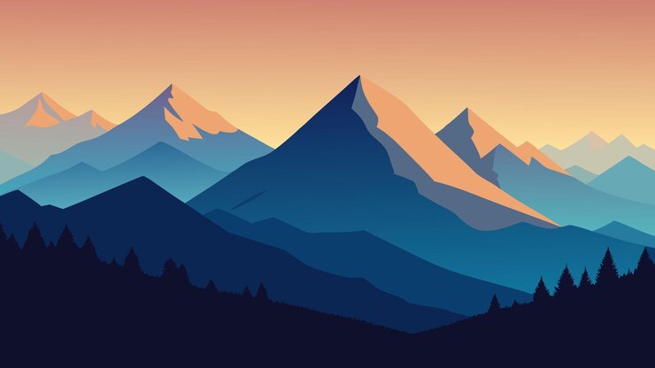 Vetor vista panorâmica de um cume da montanha revelando montanhas majestosas que se estendem até o horizonte ilustração vetorial plana fundo natural