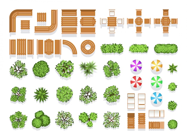 Vista superior arquitetura paisagismo cidade parque plano vector símbolos, bancos de madeira e árvores