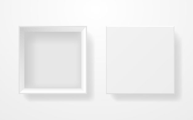 Vista superior da caixa branca. Modelo realista sobre fundo claro. Caixa de cartão quadrada. Abra o recipiente com a tampa. Limpe o branco do produto. ilustração.
