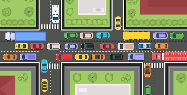 Vista superior da estrada da cidade com tráfego de carros e edifícios rua com congestionamento de transporte mapa da estrada urbana com veículos infraestrutura vetorial da cidade ilustração da vista urbana da rua da estrada