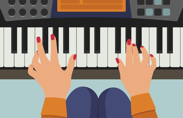 Vista superior da mulher de teclado de piano tocando ilustração vetorial de música em estilo simples