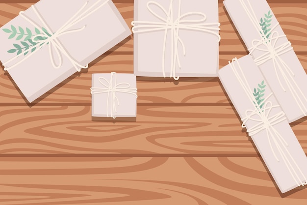 Vista superior da organização do local de trabalho plana com pacotes de papel de mesa de textura de madeira para entrega pós ou elemento presente de presente com mesa de trabalho de folhas verdes para ilustração vetorial plana de conceito de escritório