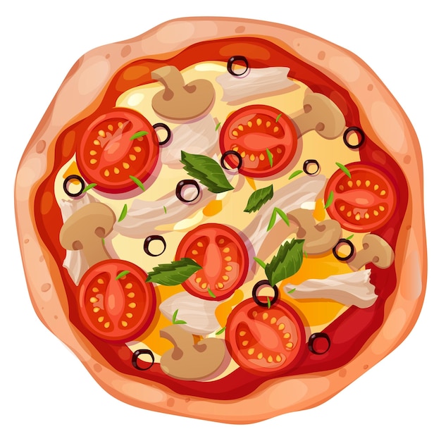 Vista superior da pizza com salame, azeitonas, tomate e cogumelos isolados em fundo branco