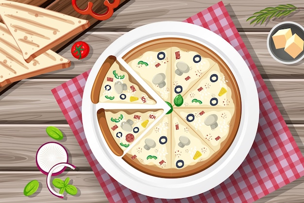 Vista superior da pizza de queijo na mesa de madeira