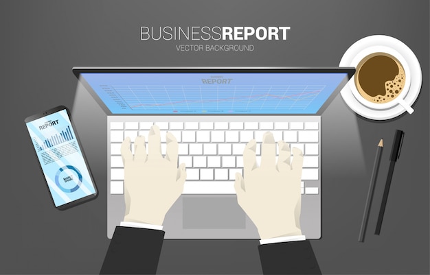 Vista superior da tabela relatório comercial no celular, tablet e computador notebook com papel e calculadora. Conceito de crescimento de negócios digitais e relatório de tendências