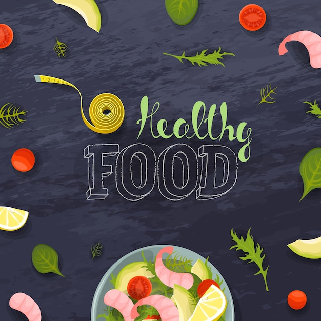 Vista superior da tigela de salada fresca de vegetais e camarão. Fita métrica de dieta de ração de fitness. Tomate, abacate, alface no fundo do quadro de giz. Rotulando alimentos saudáveis