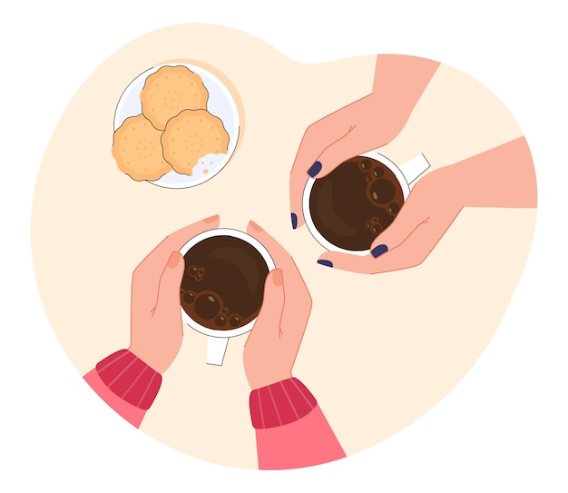 Vista superior das mãos femininas segurando canecas de cerâmica com café. duas mulheres à mesa com ilustração vetorial plana de bebidas quentes. manhã, conceito de café da manhã para banner, design de site ou página da web de destino