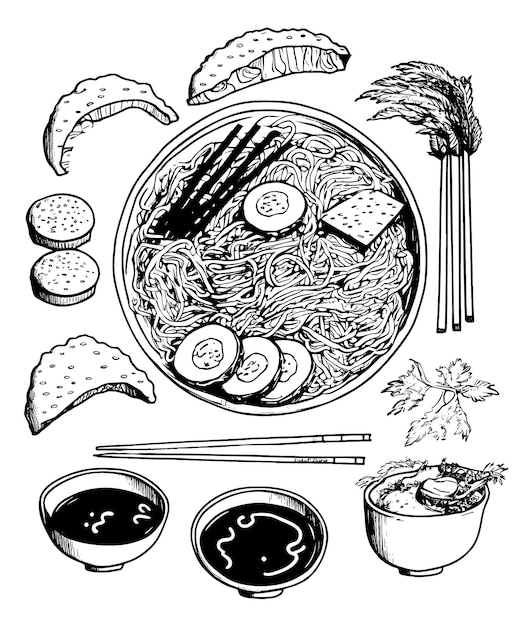 Vista superior de comida asiática desenhada de mão