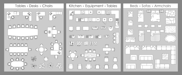 Vista superior de contorno de móveis Conjunto de ícones lineares isolados para interior Objetos e elementos vetoriais para apartamentos de escritório sala de estar quarto cozinha banheiro Cama sofá mesa Planta baixa