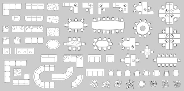 Vista superior de elementos de móveis para o plano do espaço de trabalho do apartamento da casa de escritório conjunto vetorial de objetos coleção de ícones interiores kit com planta de sofá de cadeira de mesa símbolo para projeto de design de interiores