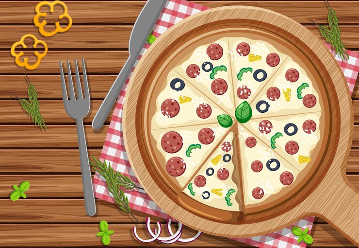 Vetor vista superior de uma pizza inteira com cobertura de calabresa na mesa de madeira