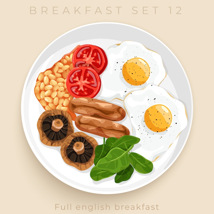 Vetor vista superior do delicioso conjunto de pequeno-almoço isolado em fundo bege: ilustração de stock