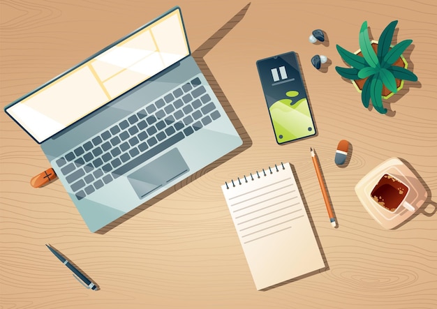 Vista superior do espaço de trabalho com papelão de computador, xícara de café e planta em mesa de madeira, layout plano de desenho animado vetorial do local de trabalho com monitor, teclado, notebook de telefone móvel e fones de ouvido na mesa