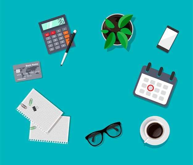 Vista superior do espaço de trabalho. mesa de trabalho empresarial. óculos, smartphone, café, calculadora, calendário, folhas de papel.