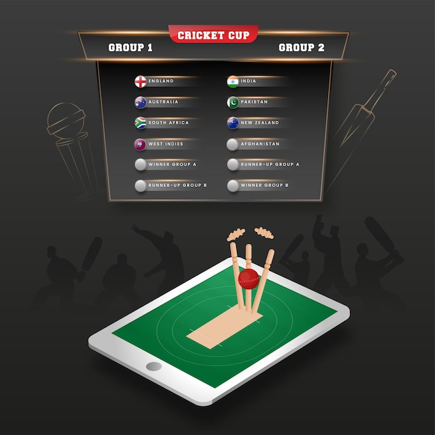Vista superior do jogo de streaming de críquete ao vivo no smartphone 3d e lista da liga da copa de críquete contra fundo preto.