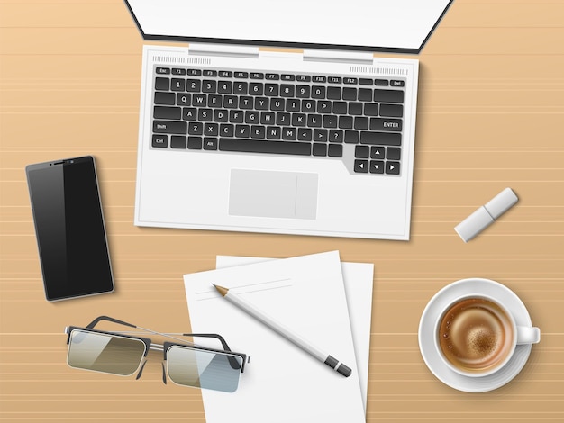 Vista superior do local de trabalho de escritório realista Laptop e documentos na área de trabalho Xícara de café Smartphone e óculos Folhas de papel na mesa Espaço de trabalho do gerente Teclado de computador Conceito de vetor
