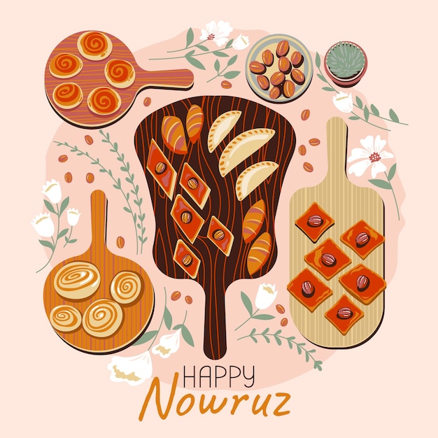 Vista superior do prato de pakhlava e shekerbura e goga é uma deliciosa massa doce para o nowruz feliz significa ano novo persa